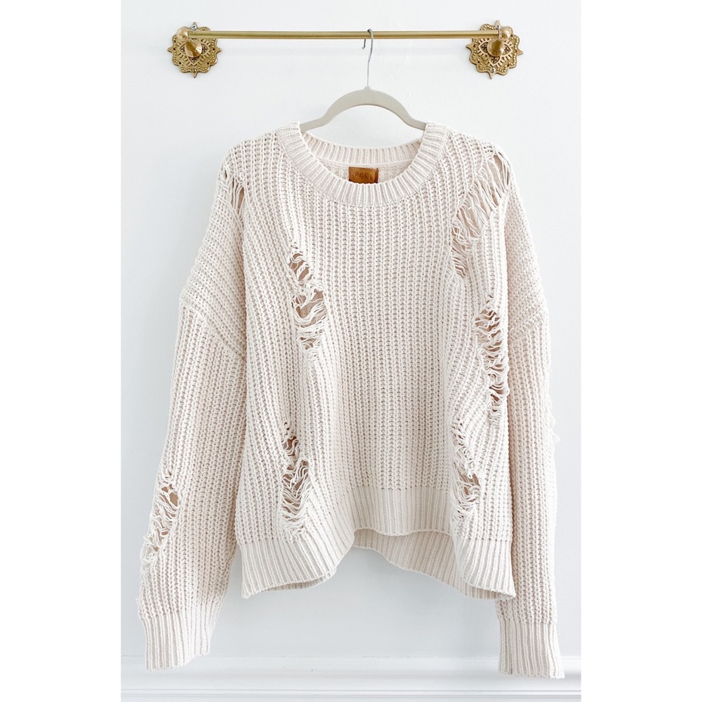 POL Cream Distressed Chenille Oversized Sweater